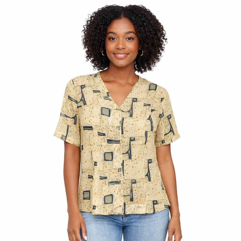 Vintage Abstract 100% silk Print Button-Front Blouse | Neutral Beige | Short Sle